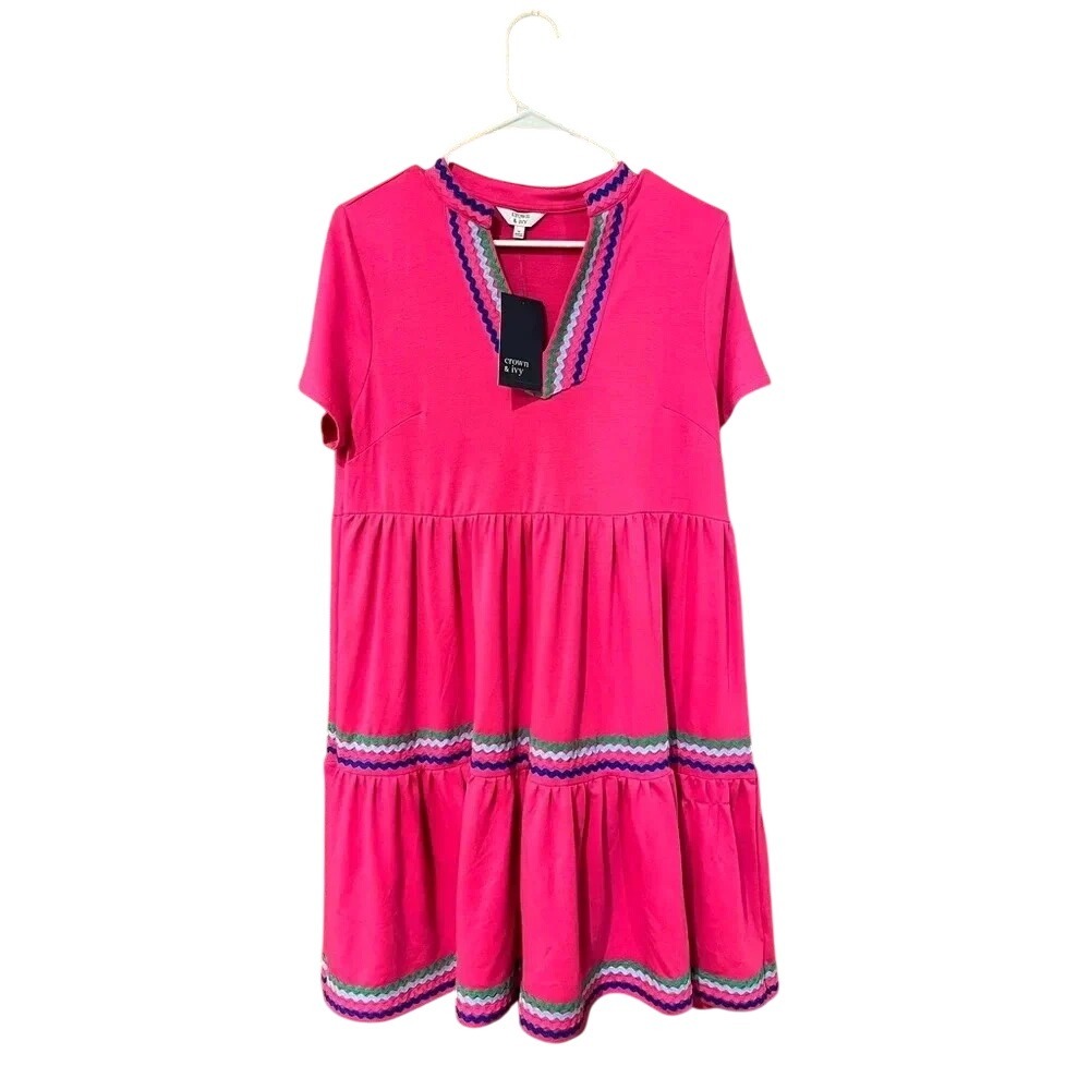 Crown & Ivy Pink Rave Tiered Rickrack Trim Mini Dress Medium sundress nwt - Picture 3 of 9